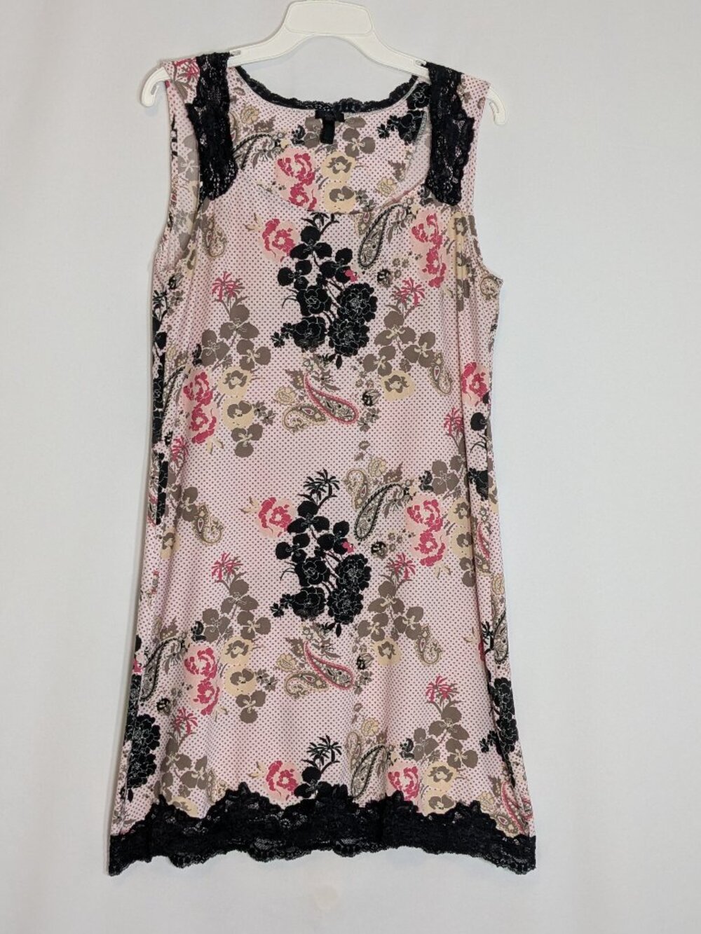 SOMA Pink & Black Polka Dot Sleeveless Sleep Gown w Black Lace; Size M